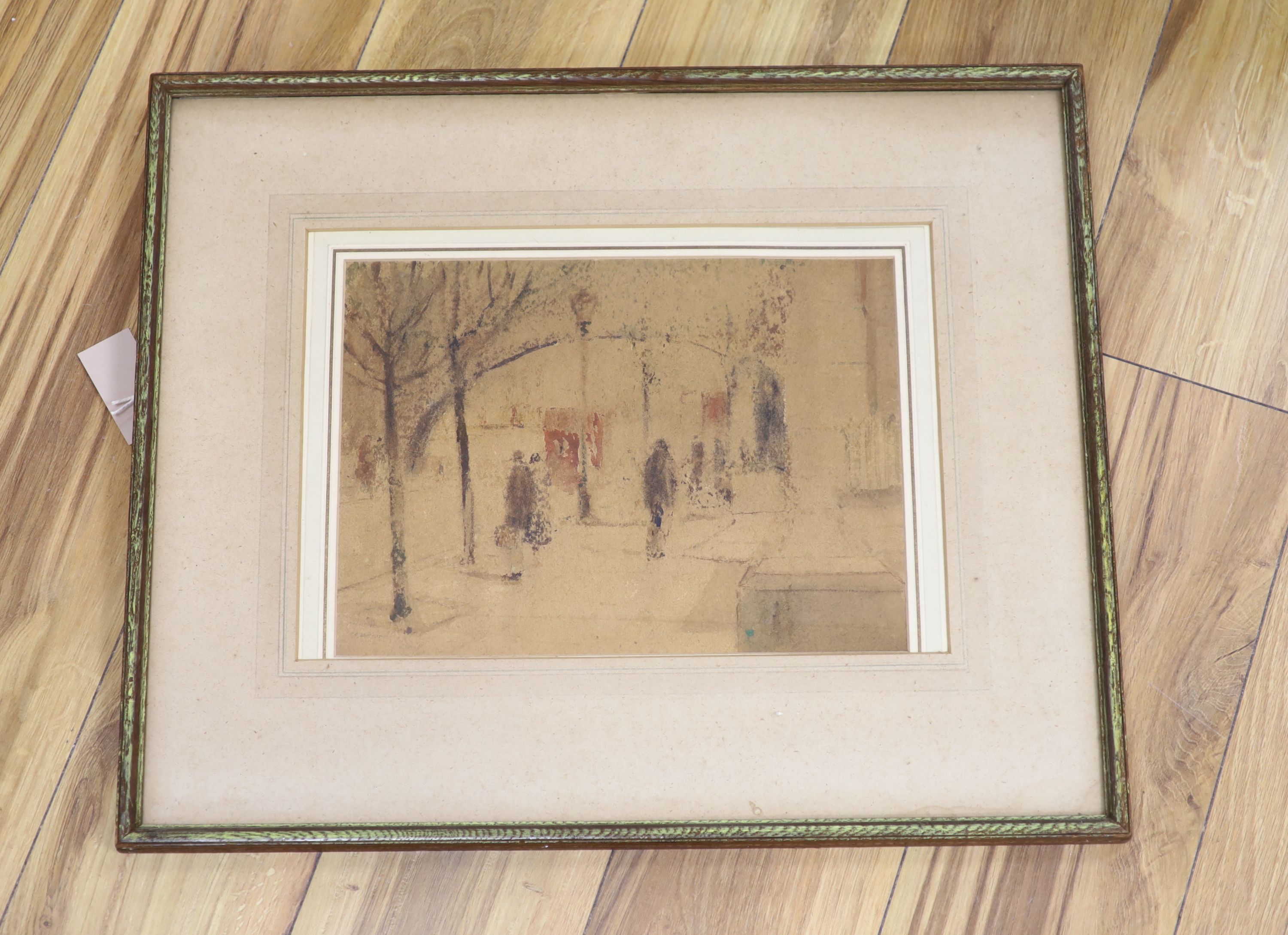 Attributed to Henri-Joseph Harpignies (1819-1916), pastel, Paris street scene, 24 x 33cm